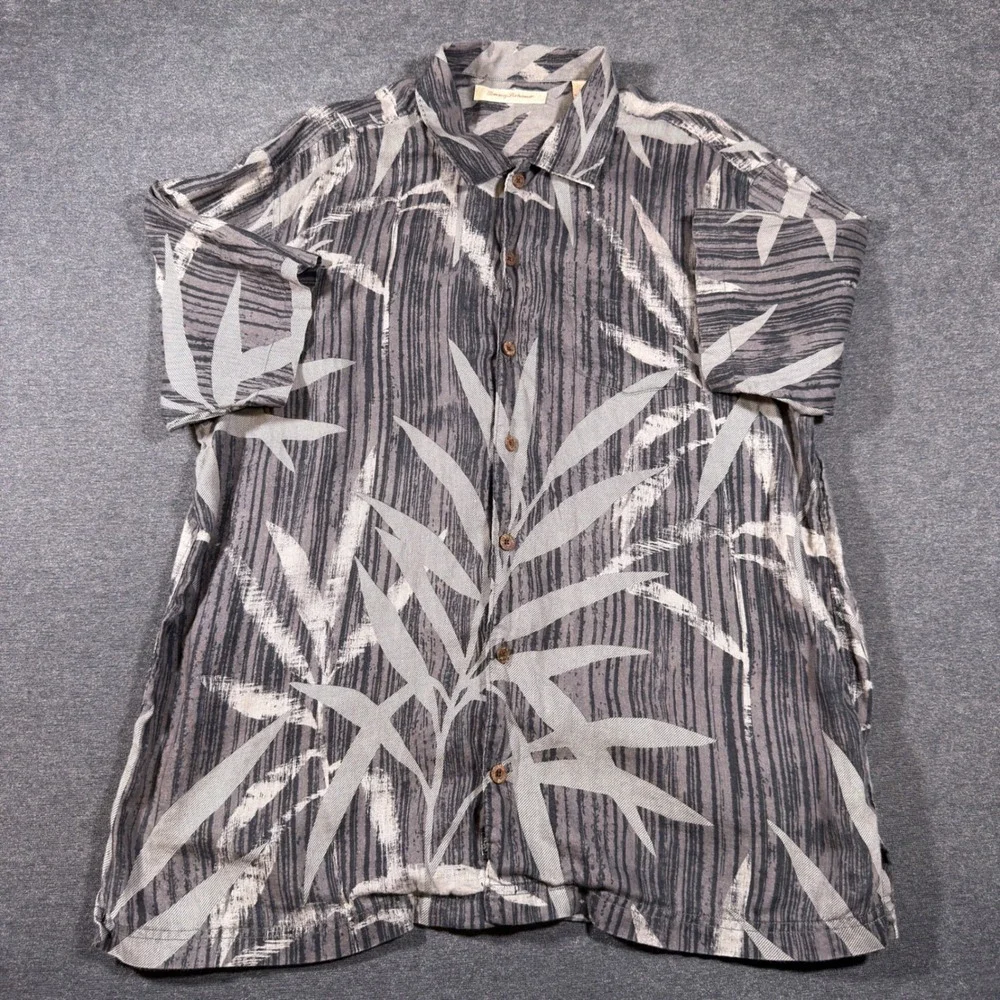 Tommy Bahama Button Up Shirt Mens XL Gray Linen Leaf Print Short Sleeve Casual